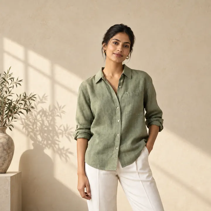 Model wearing the green linen shirt by a window
