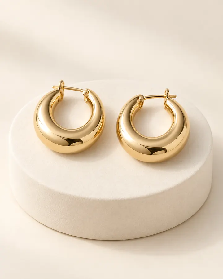 Gold hoops on a white pedestal
