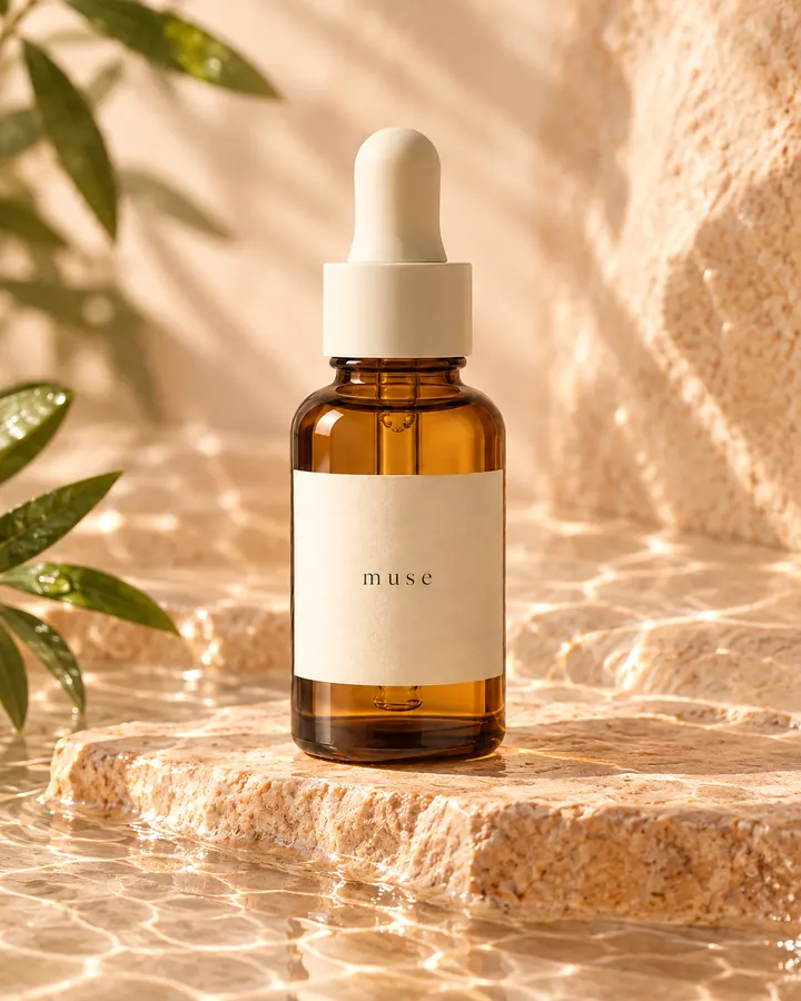 Serum bottle on warm stone with leaves