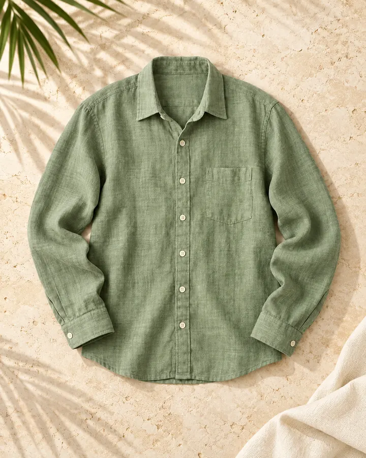 Green shirt laid flat on sand with palm shadows
