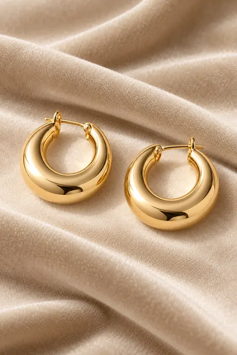 Gold hoop earrings on red velvet