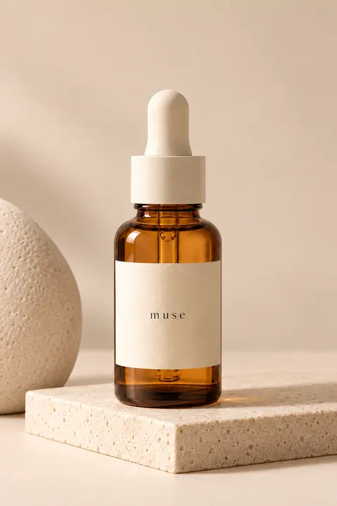 Amber serum bottle on a stone plinth