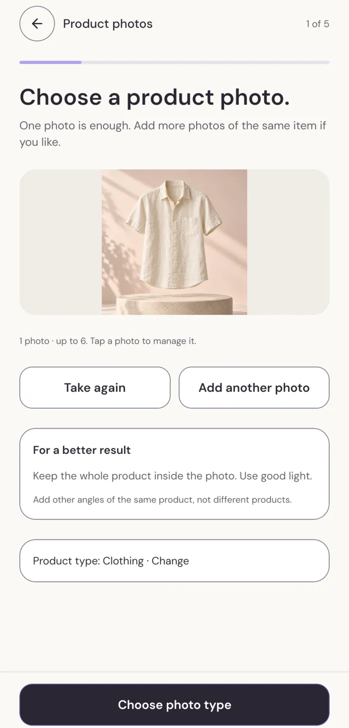 Choose a product photo screen