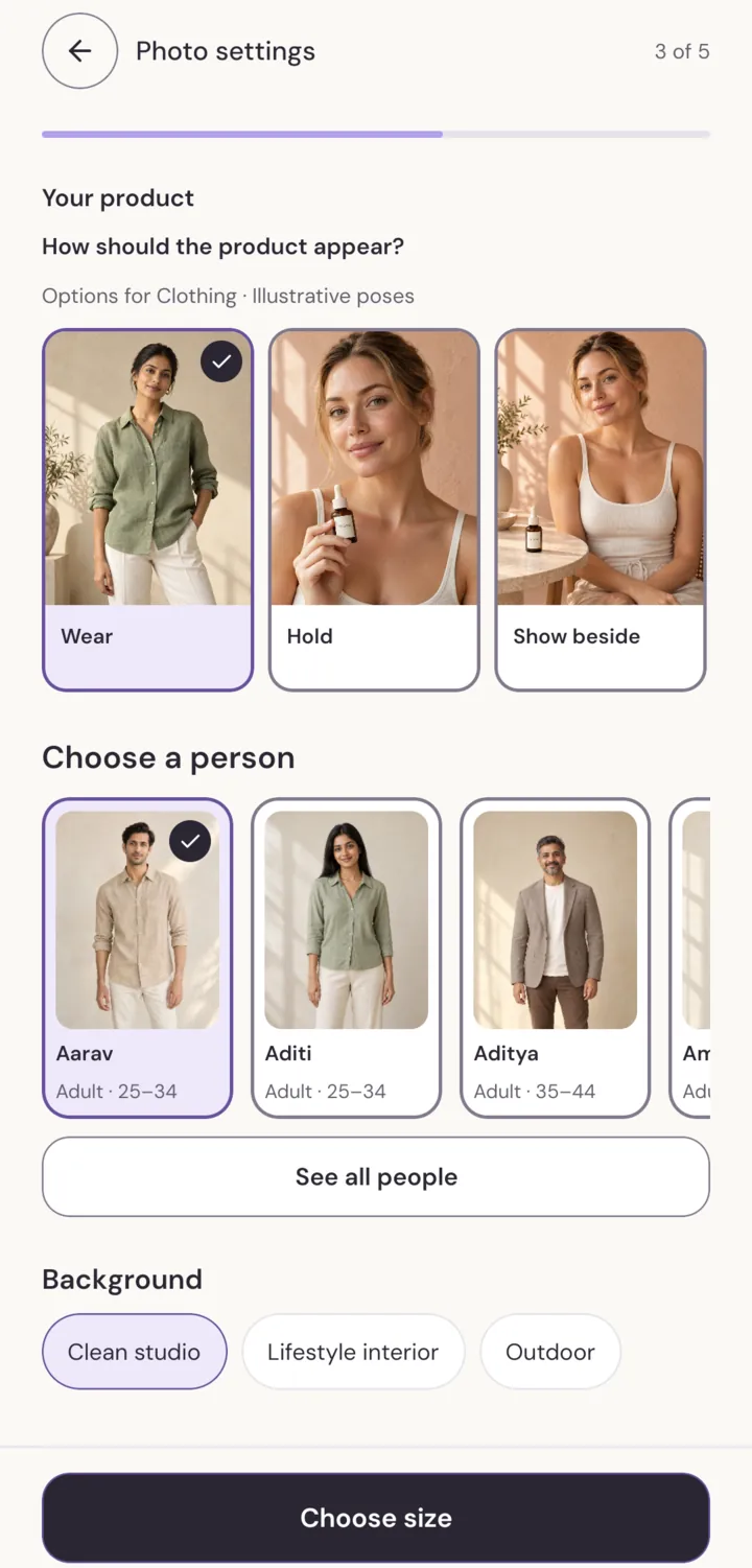 Photo settings screen with poses, models and backgrounds