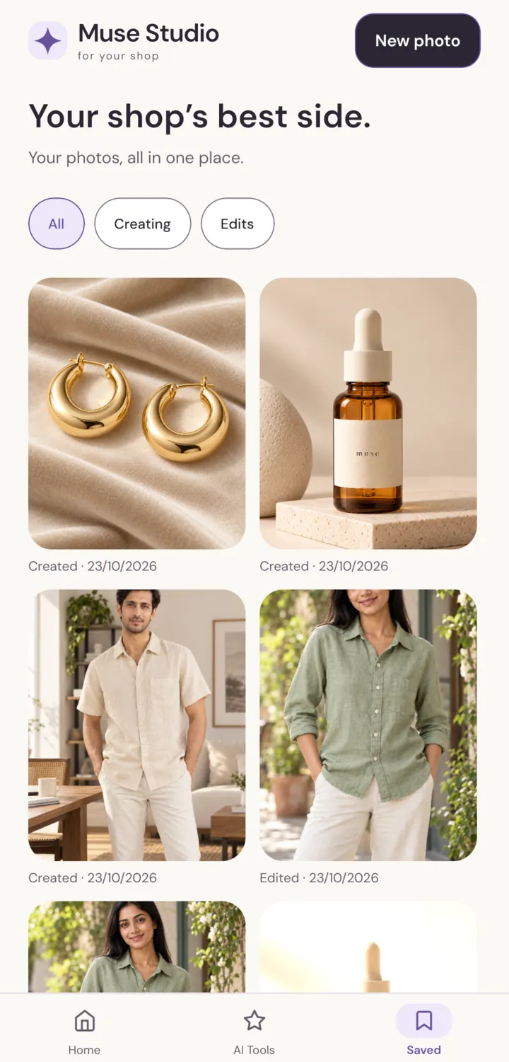 Saved screen titled Your shop's best side, with a grid of finished product photos